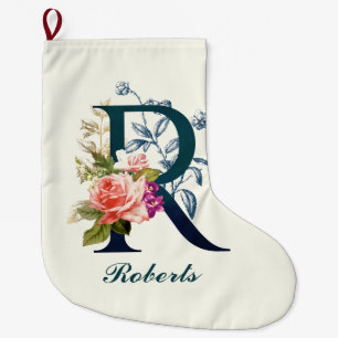 Fancy Floral Monogram Letter R Large Christmas Stocking