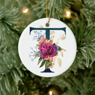 Fancy Floral Monogram Letter T Ceramic Tree Decoration