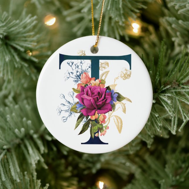 Fancy Floral Monogram Letter T Ceramic Tree Decoration (Tree)