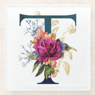 Fancy Floral Monogram Letter T Glass Coaster