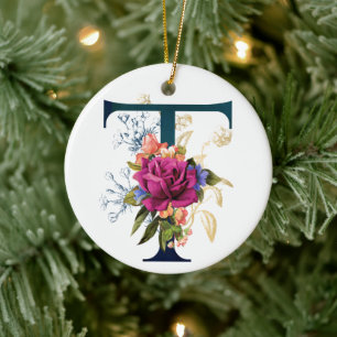 Fancy Floral Monogram Letter T Personalised Ceramic Tree Decoration