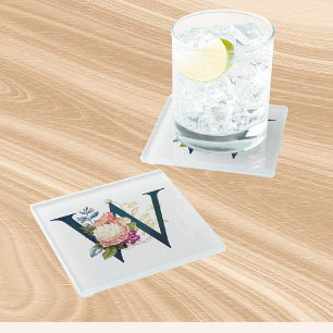 Fancy Floral Monogram Letter W Glass Coaster