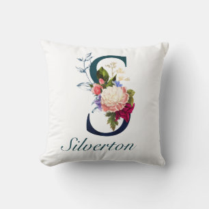 Fancy Floral Navy Monogram Letter S Cushion