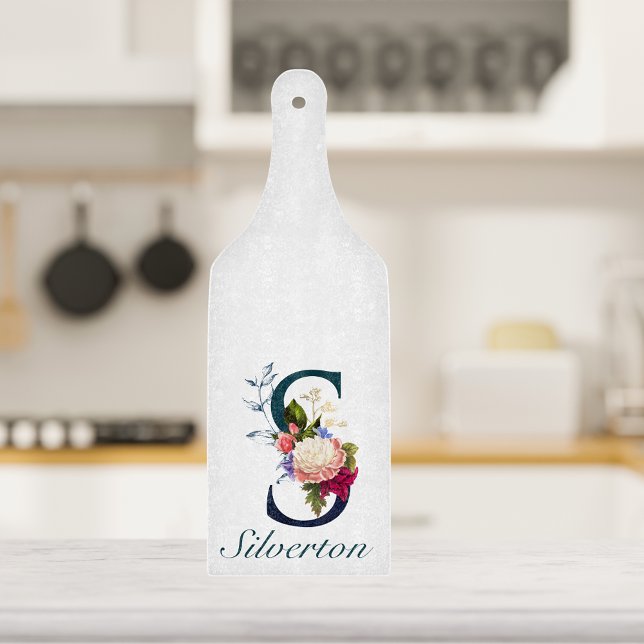 Fancy Floral Navy Monogram Letter S Cutting Board (Creator Uploaded)