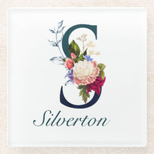 Fancy Floral Navy Monogram Letter S Glass Coaster