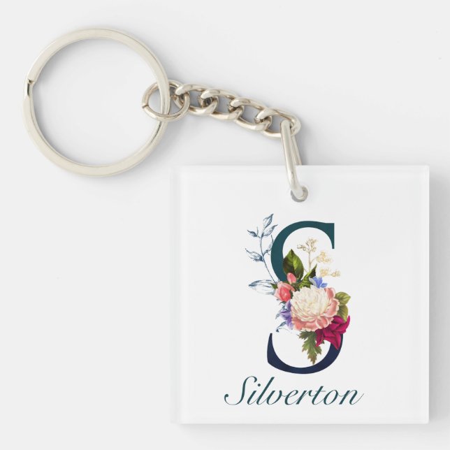 Fancy Floral Navy Monogram Letter S Key Ring (Front)