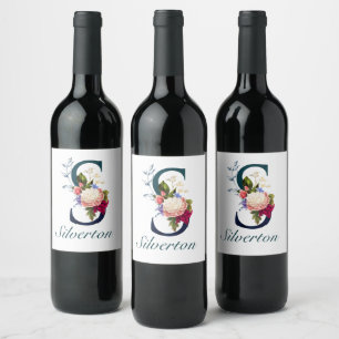 Fancy Floral Navy Monogram Letter S Wine Label