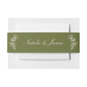 Fancy Floral Olive Green Old Money Retro Wedding Invitation Belly Band
