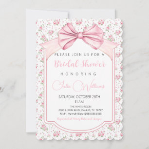 Fancy Floral Pink Bow Bridal Shower Invitation