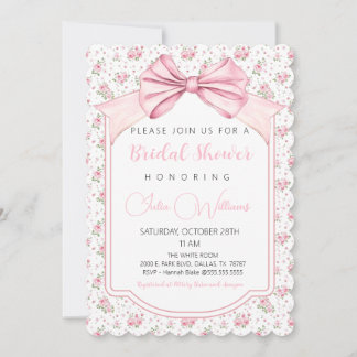 Fancy Floral Pink Bow Bridal Shower Invitation 