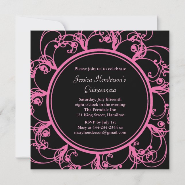 Fancy Floral Quinceanera Invite (black) (Front)