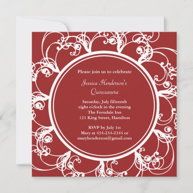 Fancy Floral Quinceanera Invite (red) (Front)