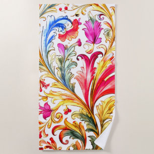 Fancy Florentine Design Watercolor Leaves Beach Towel