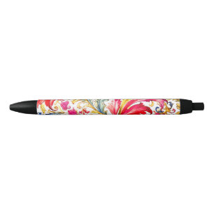 Fancy Florentine Design Watercolor Leaves Black Ink Pen
