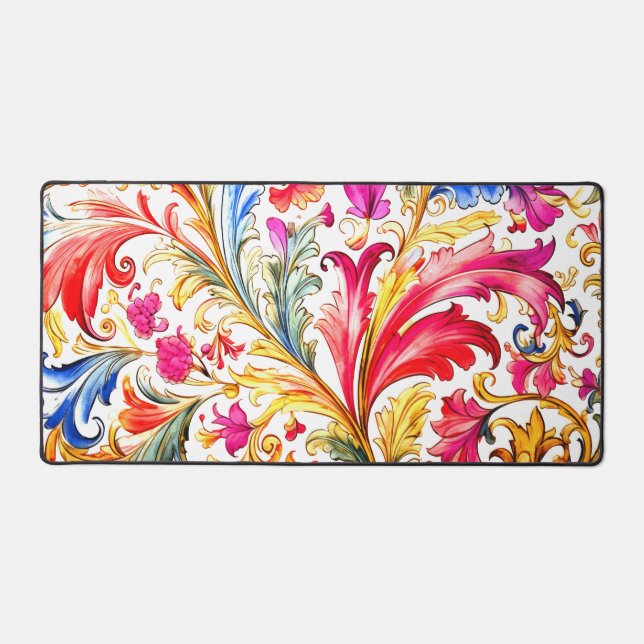 Fancy Florentine Design Watercolor Leaves Desk Mat (Front)