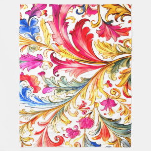 Fancy Florentine Design Watercolor Leaves Fleece Blanket