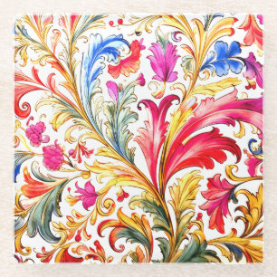 Fancy Florentine Design Watercolor Leaves Glass Coaster