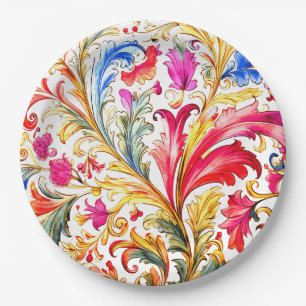 Fancy Florentine Design Watercolor Leaves Paper Plate