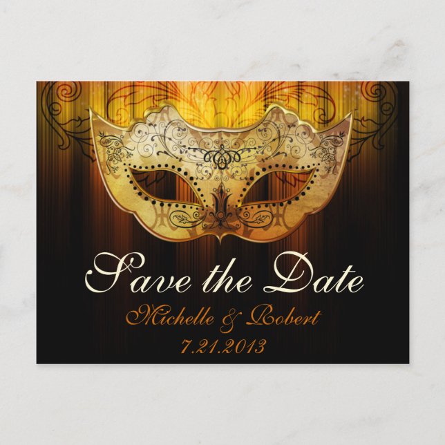 Fancy Flourish Gold Masquerade Wedding Save the Da Announcement Postcard (Front)