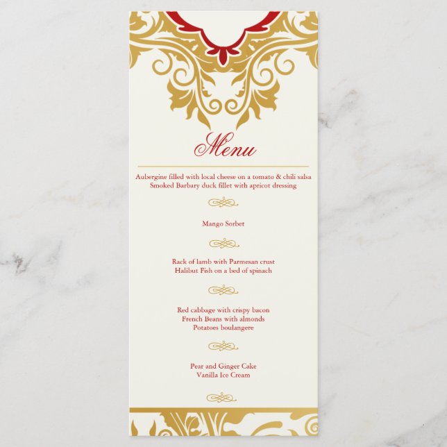 Fancy Flourishes Golden Indian Arabic Wedding Menu (Front)