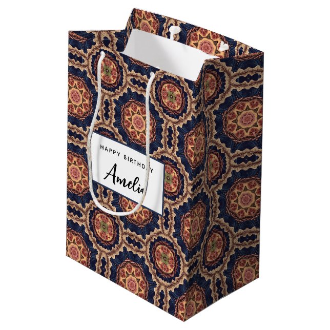 Fancy Flower and Star Shapes Pattern Birthday Medium Gift Bag (Back Angled)