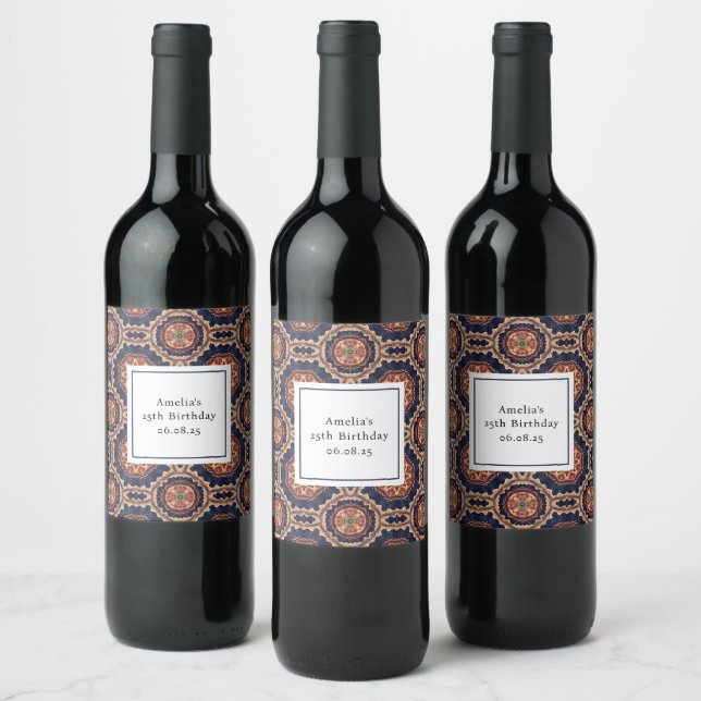 Fancy Flower and Star Shapes Pattern Birthday Wine Label (Bottles)