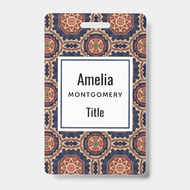 Fancy Flower and Star Shapes Pattern ID Badge (Front)