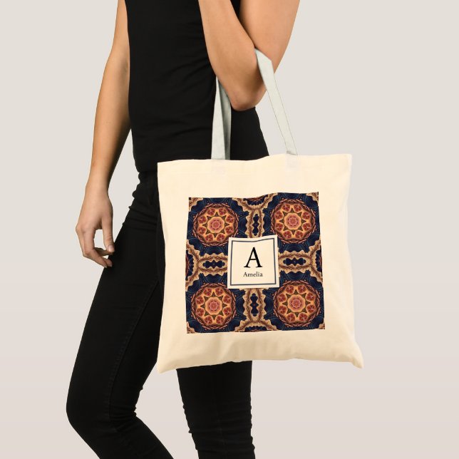 Fancy Flower and Star Shapes Pattern Monogram Tote Bag (Front (Product))