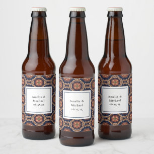 Fancy Flower and Star Shapes Pattern Wedding Beer Bottle Label