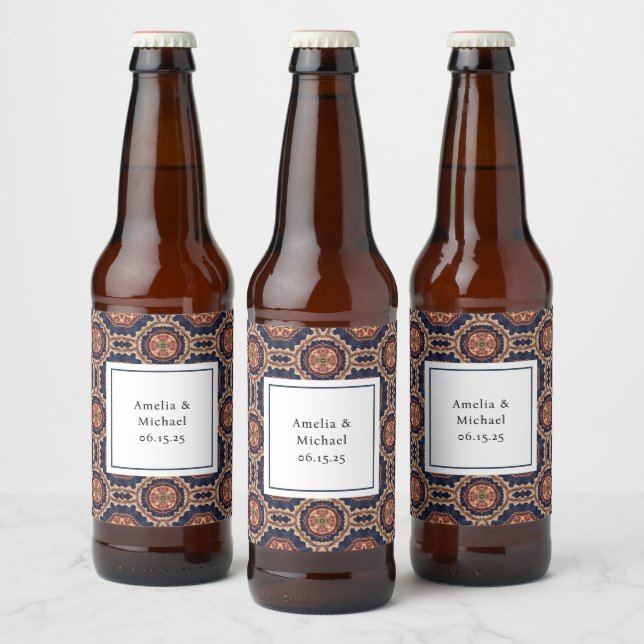 Fancy Flower and Star Shapes Pattern Wedding Beer Bottle Label (Bottles)