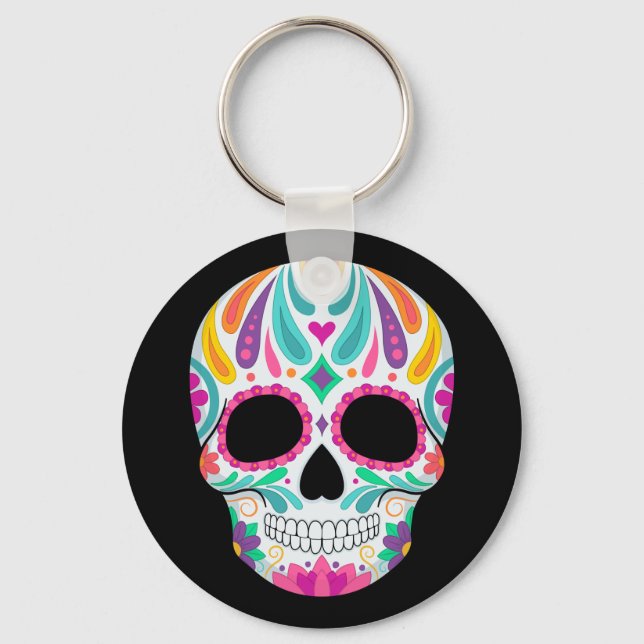 Fancy Flowered Sugar Skull Key Ring (Front)