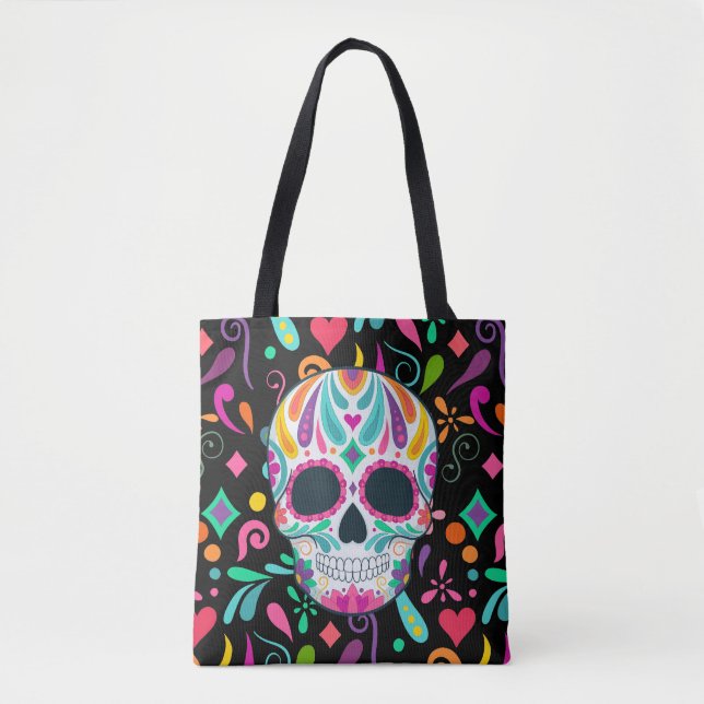Fancy Flowered Sugar Skull Tote Bag (Front)