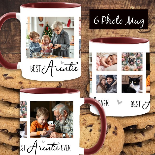 Fancy Font Best Auntie Ever 6 Photo Collage White Mug (Creator Uploaded)
