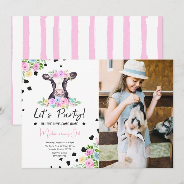 Fancy Font Cow Birthday Photo Invitation (Front/Back)