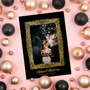 Fancy Frame Married Christmas Black Photo Foil Holiday Card