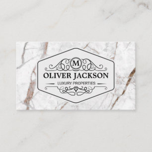 Fancy Frame with Monogram   White Marble Business Card