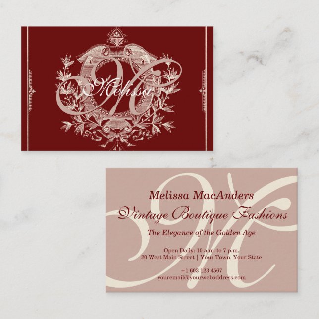 Fancy French Monogram Burgundy Vintage Boutique Business Card (Front/Back)