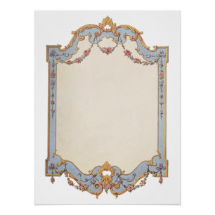 Fancy French Vintage Frame Blue Gold Scroll Rose Poster