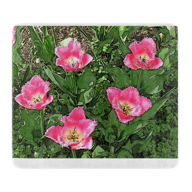 "FANCY FRILLS PINK AND WHITE FRINGED TULIPS/GLASS CUTTING BOARD (Front)