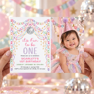 Fancy Fun to Be One Girl 1st Birthday Photo Invitation