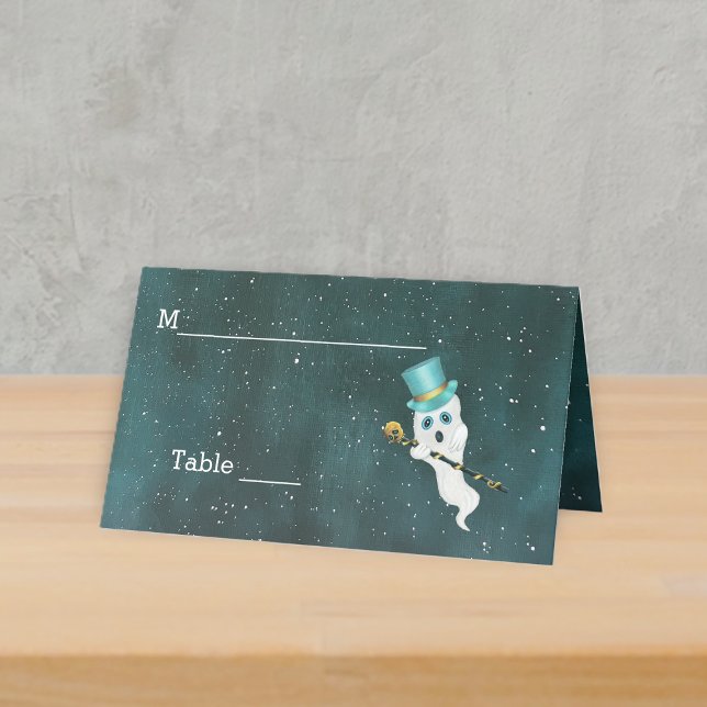 Fancy Ghost Blue Top Hat Skull Cane Night Sky Place Card (Floating fancy ghost top hat gold skull cane in night sky with stars on standing table place card.)