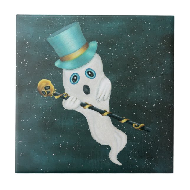 Fancy Ghost in Night Sky Bright Blue Eyes Skull Tile (Front)