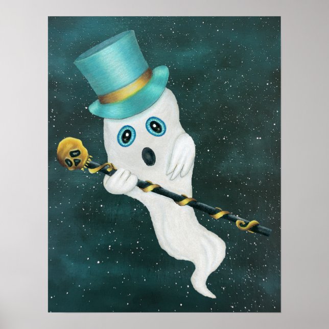 Fancy Ghost Silly Face Top Hat Cane Starry Sky Poster (Front)