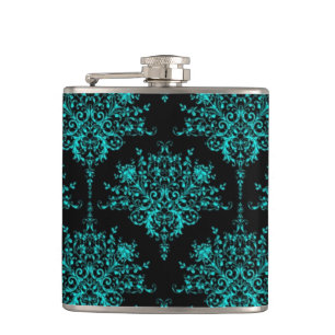 Fancy Girly Floral Damask Stylish Black and Teal Hip Flask