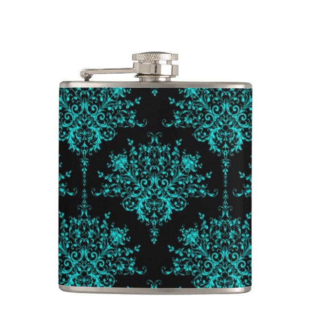 Fancy Girly Floral Damask Stylish Black and Teal Hip Flask (Front)