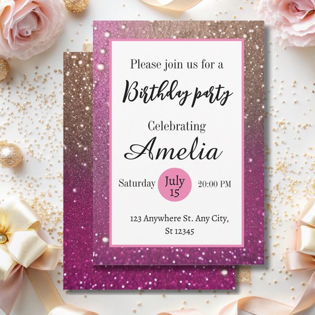 Fancy girly hot pink gold glitter birthday invitation (Creator Uploaded)
