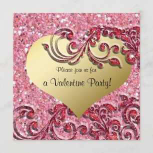 Fancy Glitter Gold Heart Valentine Invitation
