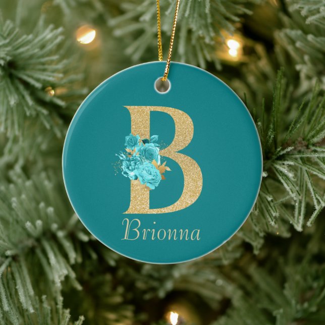 Fancy Gold & Aqua Floral Letter B   Ceramic Tree Decoration (Tree)