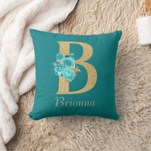 Fancy Gold & Aqua Floral Letter B Throw Pillow