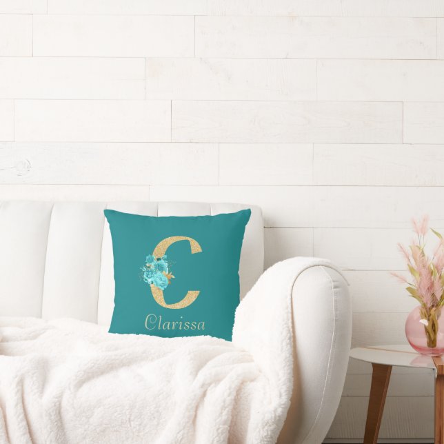 Fancy Gold & Aqua Floral Letter C Throw Pillow (Couch)